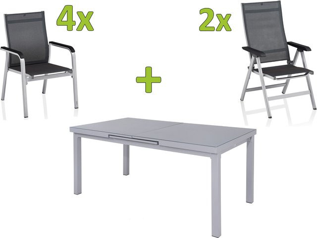 Kettler BasicPlus Premium Garten-Essgruppe aus Aluminium und Textilene in Silber/Grau mit ausziehbarem Tisch und 6 Stühlen - Bild 1