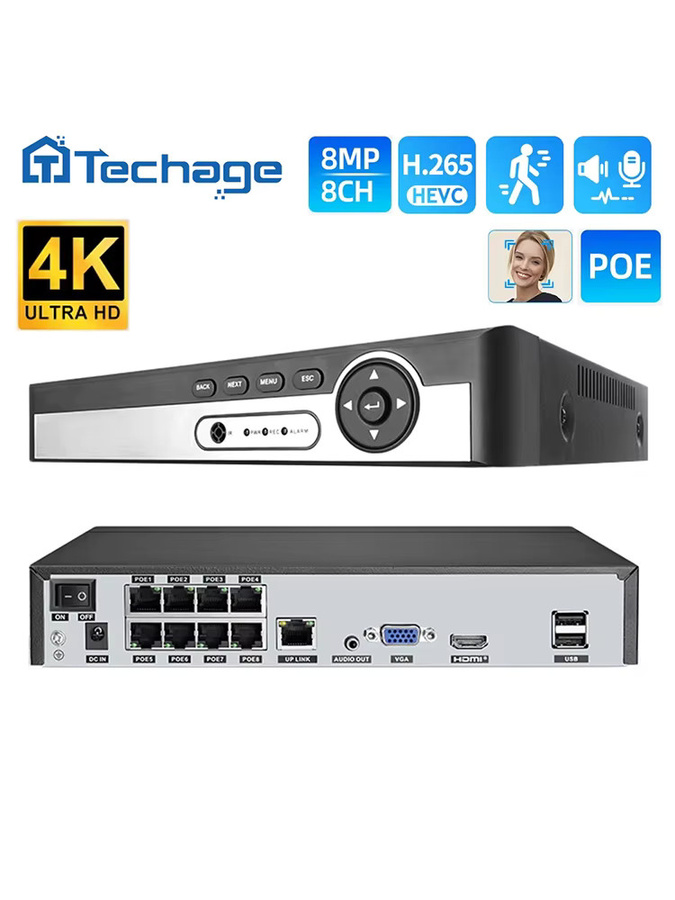 Techage 8CH 4K PoE NVR Netzwerk-Videorecorder mit Zwei-Wege-Audio in Schwarz - Bild 4