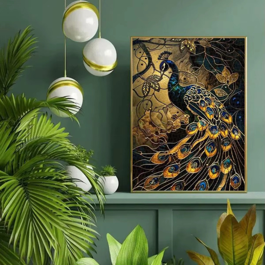 AZNM Pfauenpuzzle aus Buntglas in Blau und Gold mit floralem Art Nouveau Design für Erwachsene - Bild 3