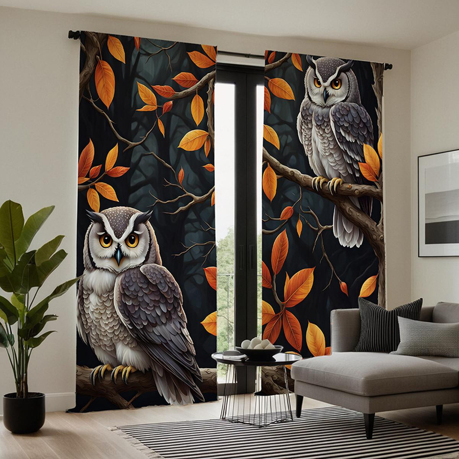 2er-Set dekorative Vorhänge mit Eulen- und Ahornbaum-Motiv, halbtransparent, schwarz und mehrfarbig, B: 132 cm, H: 160 cm - Bild 3