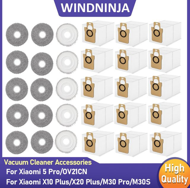 WINDNINJA Ersatzteil-Set für Xiaomi Roboter Staubsauger mit Mopp Tüchern und Staubbeuteln, Farbe: Weiß, kompatibel mit Xiaomi X10 Plus, X20 Plus, M30 Pro, M30S und 5 Pro/OV21CN - Bild 1