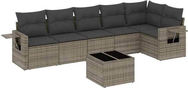 vidaXL 7-teilige Garten-Sofagarnitur aus Poly-Rattan in Grau mit Kissen aus Polyester und Gestell aus pulverbeschichtetem Stahl - Bild 1