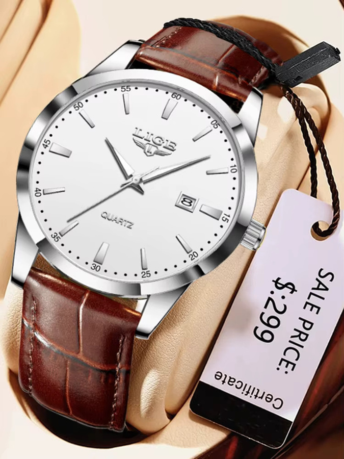 LIGE Armbanduhr, Quarz, Leder, Weiß, Herren - Bild 7