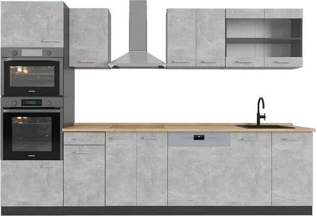 Vicco R-Line Küchenzeile Beton Anthrazit und Eiche mit Hochschrank, Breite: 300 cm - Bild 1