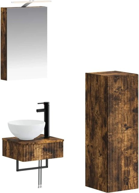 vidaXL Badezimmerschrank-Set 4-teilig aus Eiche in Braun, modern mit Waschtischunterschrank und Spiegelschrank inklusive LED-Beleuchtung - Bild 1