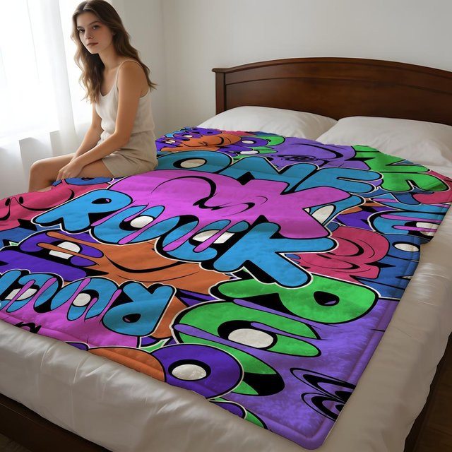 O-ONE R-ROCK Detox Kurzflor-Plüschdecke in Weiß und Multicolour, weich und hautfreundlich für Sofa und klimatisierte Räume - Bild 1