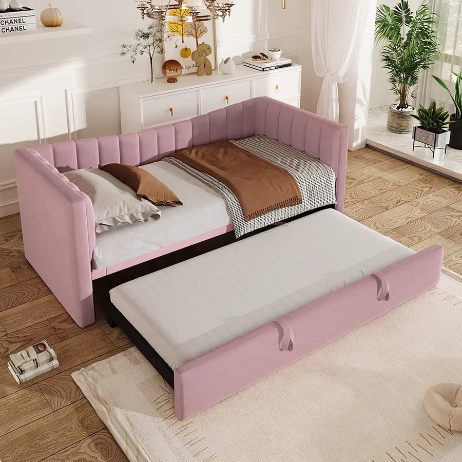 KOMHTOM Gepolstertes Schlafsofa als Tagesbett mit Ausziehbett und Samtbezug, Farbe: Rosa, B/T/H: 180 x 90 x 200 cm - Bild 2