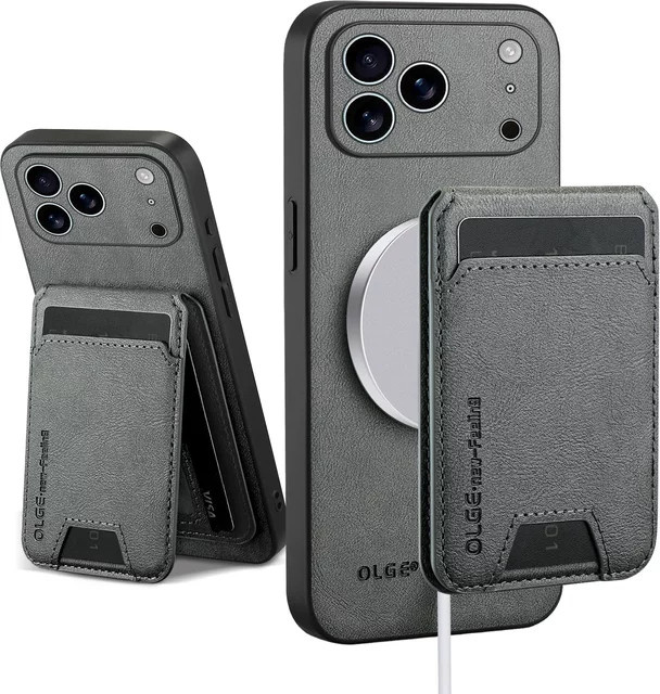 Magnetische Business Ledertasche für iPhone 16E 15 14 Plus 13 12 Pro Max mit kabelloser Ladefunktion und Kartenhalter in Schwarz - Bild 1