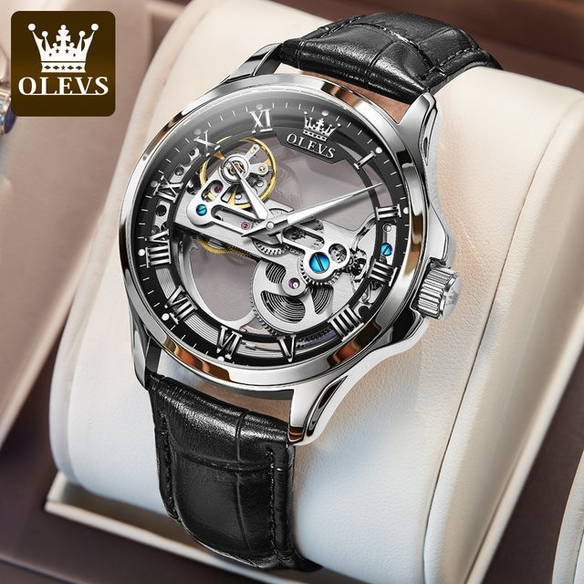 OLEVS Armbanduhr, Handaufzug, Leder, Schwarz, Bicolor, Herren - Bild 1