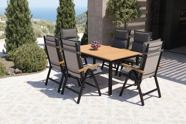 Villana Lagos Garten-Essgruppe für 6 Personen mit ausziehbarem Tisch aus Aluminium und FSC-zertifiziertem Eukalyptusholz in Anthrazit, Schwarz und Grau inklusive wetterbeständiger Sitzkissen - Bild 1