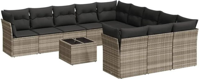 vidaXL 12-tlg. Garten-Sofagarnitur in L-Form aus Polyrattan mit Kissen und Couchtisch, Hellgrau - Bild 1