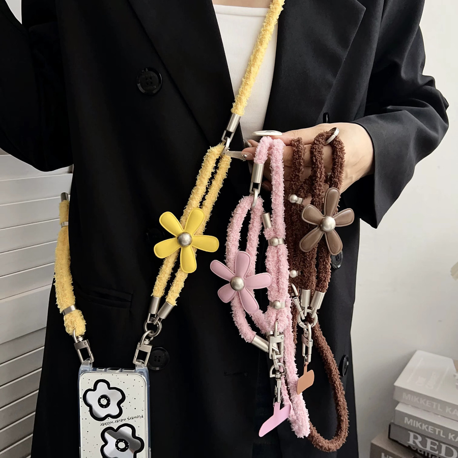 ZHANZHI 3-in-1 360 Grad drehbares Winter-Plüsch-Telefon-Lanyard mit verstellbarem Umhängeband und Handgelenksschlaufe in Schwarz und Multicolour - Bild 2