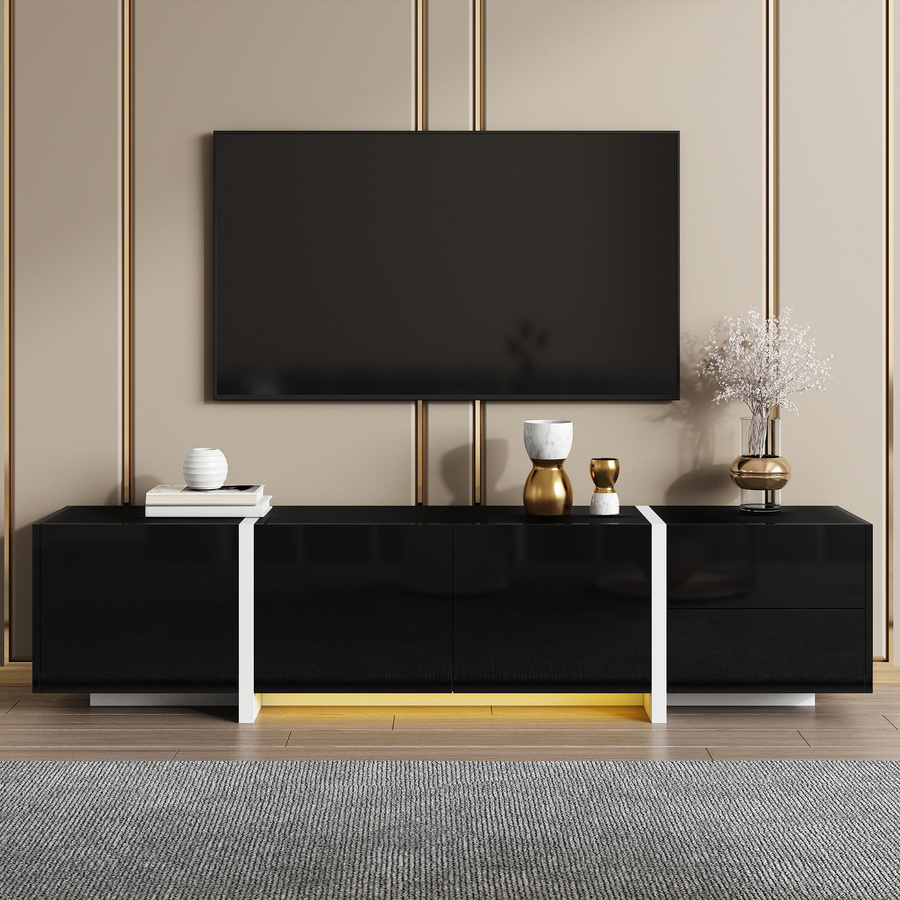 Moderner TV-Ständer von GL Store mit niedrigem Schrank und integrierter LED-Lichtleiste in Schwarz und Weiß, B/T/H: 170 x 30 x 39 cm - Bild 2