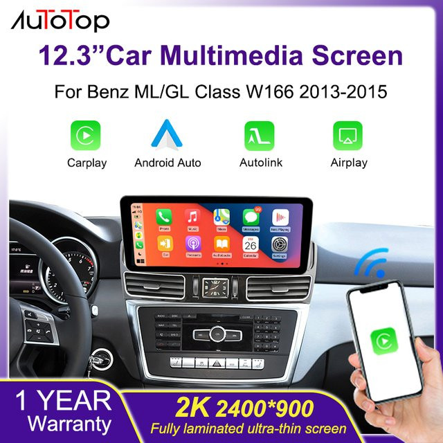 AUTOTOP 12,3 Zoll Drahtloser CarPlay und Android Auto Touchscreen für Mercedes Benz ML GL GLE GLS W166 X166 2013-2018 NTG 4,5/5,0 in Schwarz - Bild 1