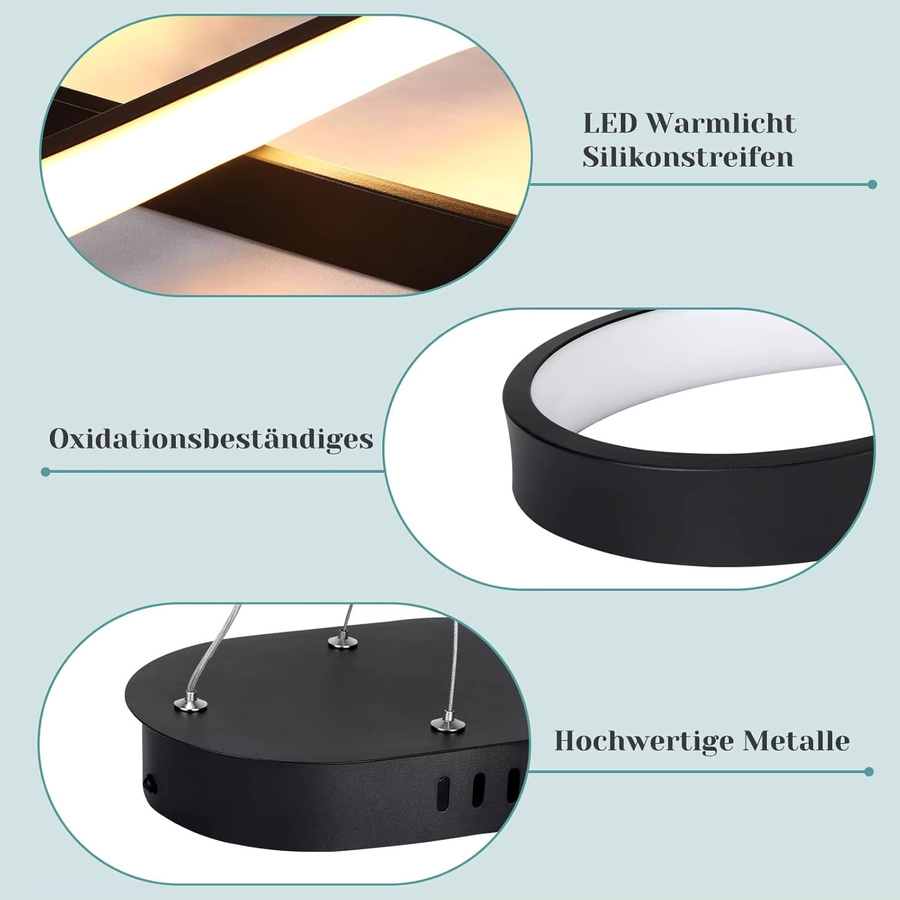 Moderne LED-Hängelampe in Schwarz aus Silikon und Aluminium mit Fernbedienung, 58 W, höhenverstellbar und dimmbar für Wohnzimmer, Esszimmer oder Büro - Bild 5