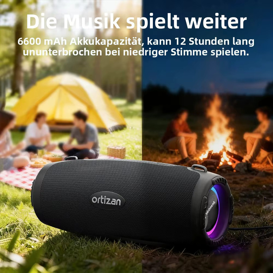 Ortizan M8 Kabelloser Bluetooth-Lautsprecher mit 60W Leistung, IP67 wasserdicht, Partybeleuchtung und Auracas Sync 100+, Schwarz - Bild 5