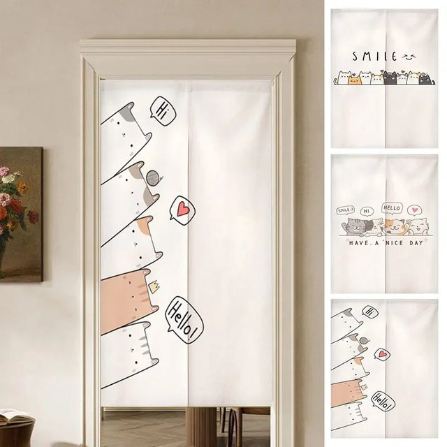 VIKAMA Halbtransparenter Türvorhang im japanischen Stil mit Katzenmotiv Maneki-neko-Druck in Weiß, Breite: 90 cm, Höhe: 65 cm - Bild 1