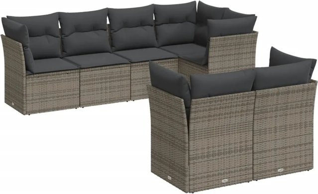 vidaXL 7-tlg. Garten-Sofagarnitur in L-Form aus Poly Rattan und pulverbeschichtetem Stahl in Grau mit Sitzkissen und Rückenkissen - Bild 1
