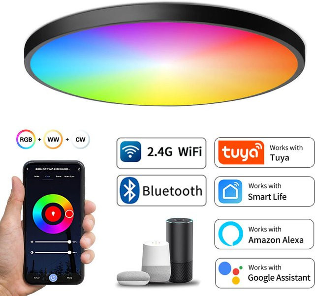 Tuya Smart WiFi BLE LED Deckenlampe RGBCW, runde Innenbeleuchtung mit App- und Sprachsteuerung via Alexa und Google Home, 24W, Mehrfarbig - Bild 1