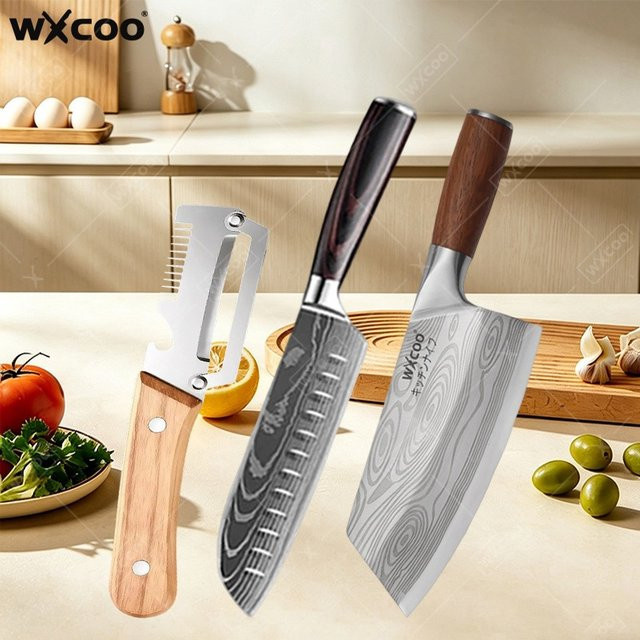WXCOO Multifunktionales Edelstahl-Küchenmesser mit Holzgriff in Silber, Japanisches Fleischmesser zum Entbeinen und Obstschäler - Bild 1