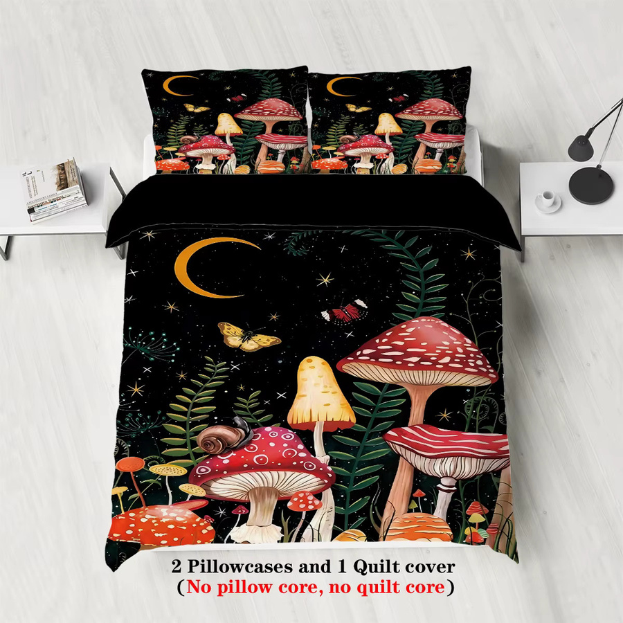 Dreiteiliges Bettwäsche-Set mit Sternenhimmel und Pilz-Motiv in Schwarz, bestehend aus 1 Bettbezug und 2 Kissenbezügen, B/H: 135 x 200 cm - Bild 2