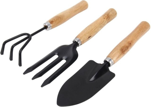 CosyHome 3-teiliges Mini-Gartenwerkzeug-Set aus Edelstahl und Holz mit Gartenschaufel, Rechen und Gabel in Beige - Bild 1