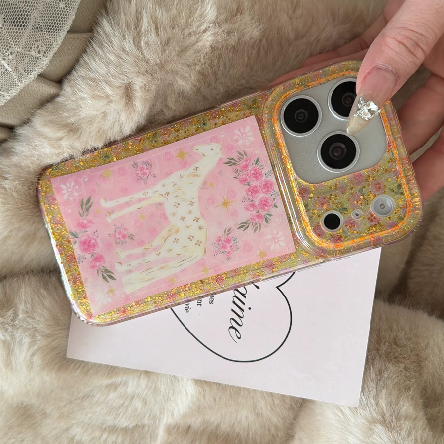 TROPLET Handyhülle mit rosa Blumenmuster und goldenen Sternen für iPhone 11 bis iPhone 17 Pro Max Plus in Pink und Gold - Bild 3