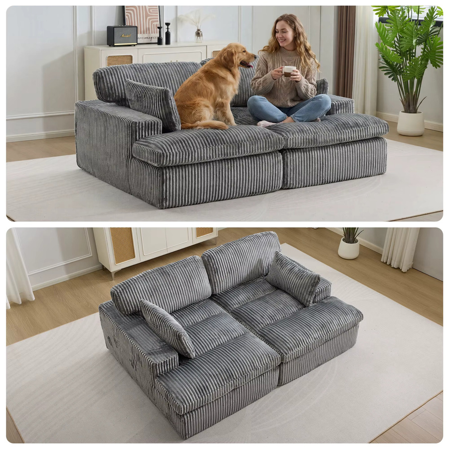 Vankel 2-in-1 Click-Clack Schlafsofa aus grauem Cord mit passenden Streukissen - Bild 2