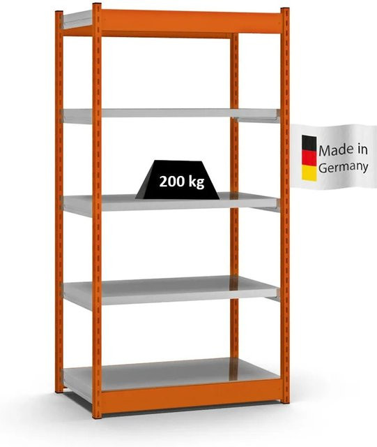 PROREGAL Fachbodenregal Stecksystem mit Vierkant-Profil, 5 Ebenen, einseitige Bauart, Fachlast 200 kg, Farbe Orange, H x B x T: 200 x 102,5 x 50 cm - Bild 1