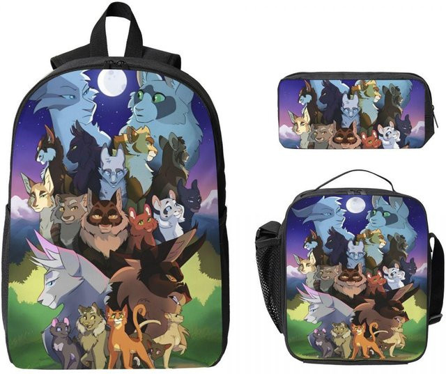 Warrior Cats Schulranzen Set von Fancy Style Studio in Grau und Multicolour mit Rucksack, Brotdose und Federmäppchen - Bild 1