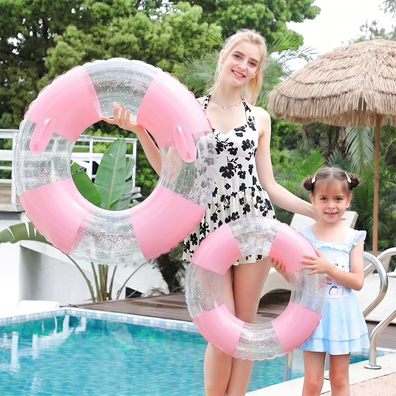 Aufblasbarer Schwimmring mit Pailletten aus dickem PVC in Pink, Weiß und Blau mit Griff für Erwachsene, Durchmesser: 90 cm - Bild 2