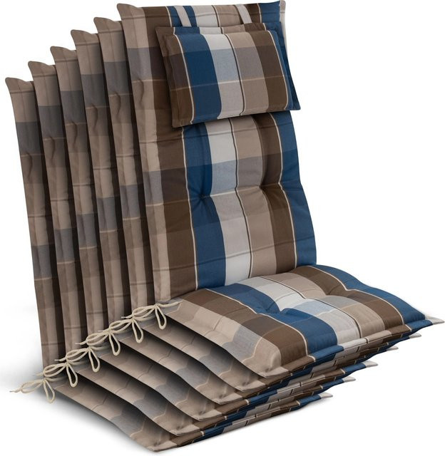 Beautissu 6er Set Gartenstuhlauflage Hochlehner Braun-Blau-Kariert, B/H/T: 120 x 50 x 7 cm, UV-beständig und aus Polyester - Bild 1