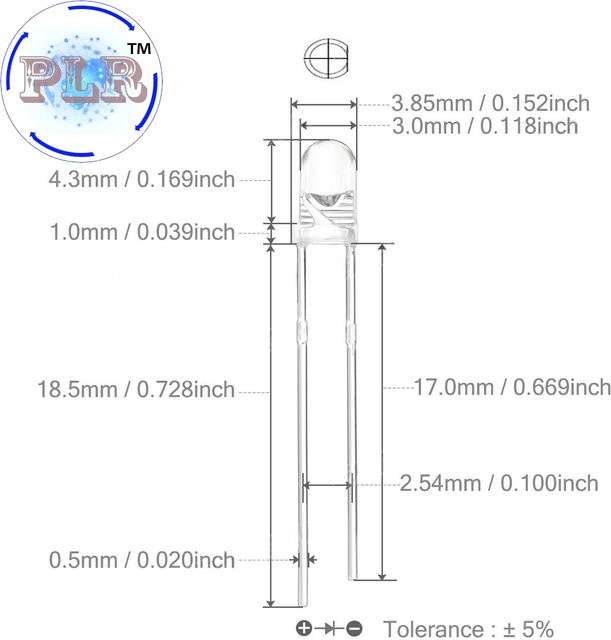PULAR LED-Dioden Set 100 Stück, 3 mm, ultrahell, mehrfarbiges Sortiment in Warmweiß, Rot, Grün, Blau, UV, Lila, Gelb, Orange und Rosa, 2 V und 3 V - Bild 1