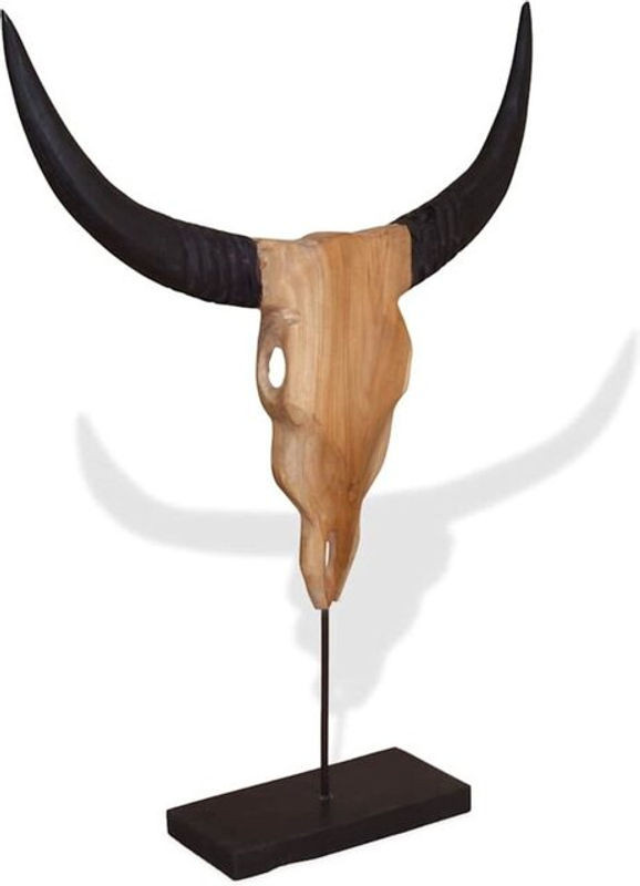 Vidaxl Stierkopf-Skulptur aus Teakholz und Metall in Braun, rustikale Dekoration, B/T/H: 66 x 15 x 88 cm - Bild 1