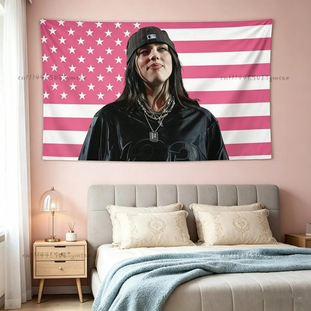 Billie Eilish Wandteppich Hip Hop Wandbehang Ästhetisches Musik Poster in Schwarz, B: 100 cm, H: 70 cm - Bild 1