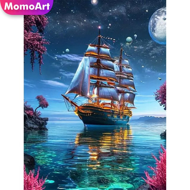 Momoart 5D DIY Diamant Mosaik Set Schiff Landschaft als Kreuzstich Kit in Mehrfarbig mit runden Steinen - Bild 1