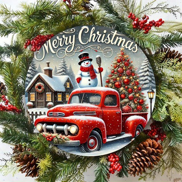 Rustikales Frohe Weihnachten Wandschild von Potdemiel aus Metall und Eisen mit Schneemann und rotem LKW, Durchmesser: 20,3 cm - Bild 1