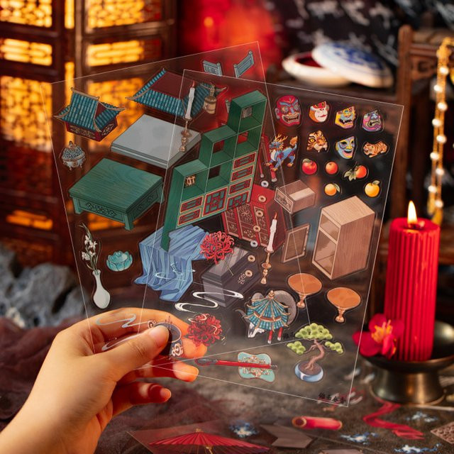 3-teiliges Set Horror-PET-3D-Szenenaufkleber im chinesischen Stil, unheimliche orientalische Designs in Multicolour für dein Tagebuch und DIY-Projekte - Bild 1