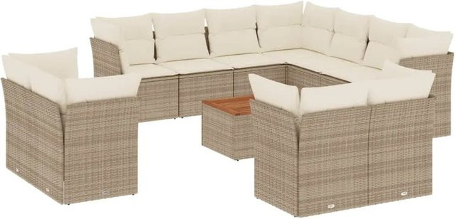 vidaXL 12-teilige Garten-Sofagarnitur in U-Form aus Polyrattan und Akazienholz mit Kissen in Beige-Creme - Bild 1