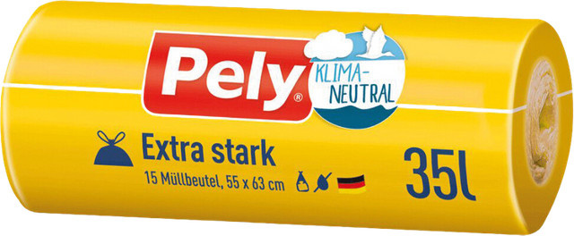 Pely Müllbeutel 35 Liter Klima-Neutral mit Zugband, extra stark, gelb/blau bedruckt, 15 Stück, B: 55 cm, H: 63 cm - Bild 1