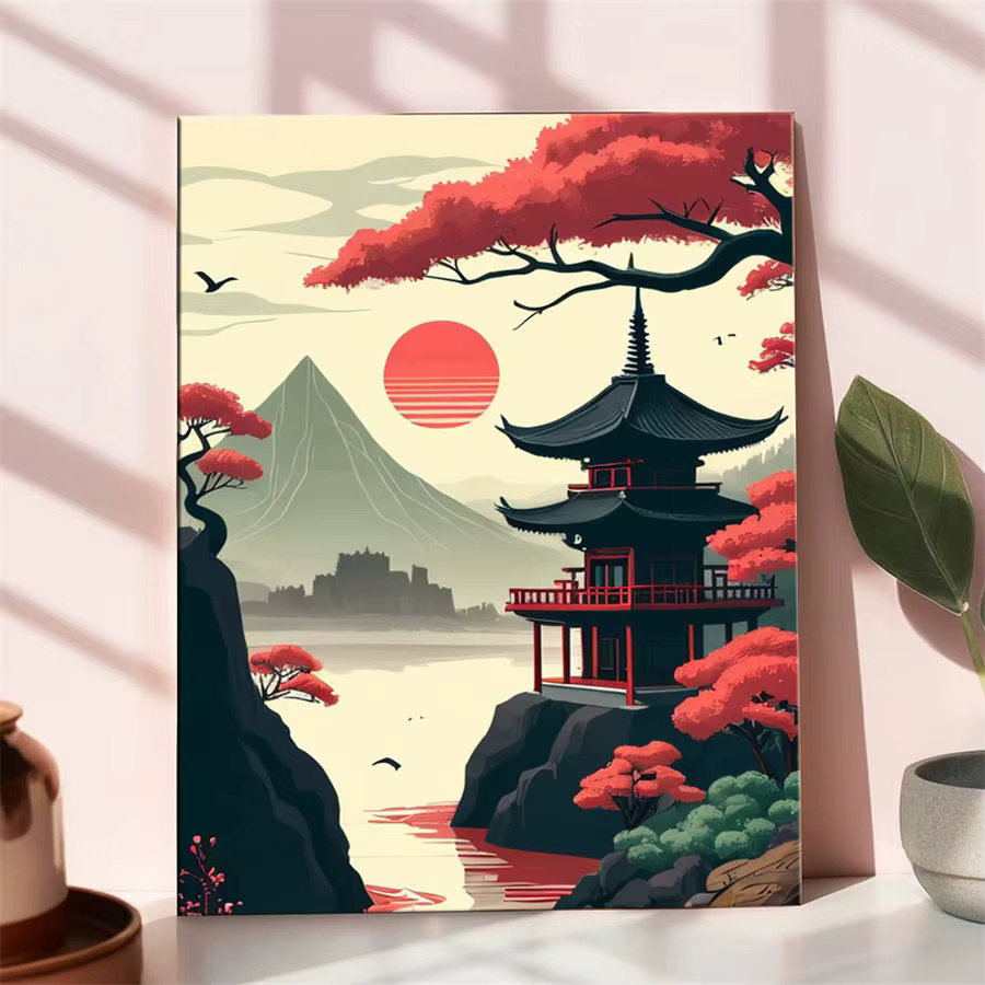 HUACAN Malen nach Zahlen Set Zen Pagode Sonnenuntergang Silhouette DIY Ölgemälde Landschaft Artcraft in Multicolor - Bild 3