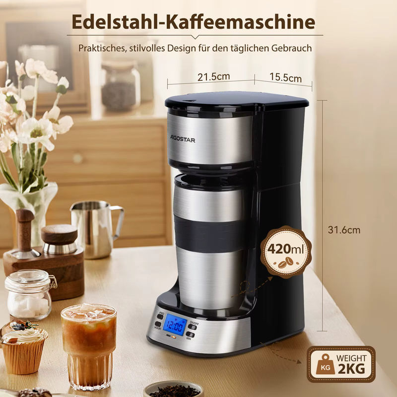 Aigostar Filterkaffeemaschine mit Thermobecher, 420 ml, Schwarz, mit 24h-Timer, LCD-Anzeige und AutoClean-Funktion - Bild 6