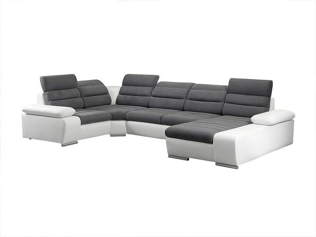 Vente-unique Schlafsofa Boileau in L-Form mit Schlaffunktion, Grau und Weiß, Breite: 362 cm - Bild 1