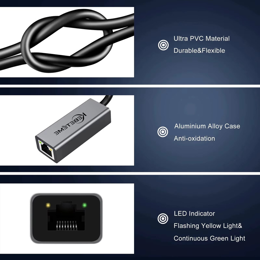 Kebidumei USB 3.0 Ethernet-Adapter mit 1000 Mbit/s für PC, MacBook und Xiaomi, USB-A auf RJ45 LAN Netzwerkkarte - Bild 3