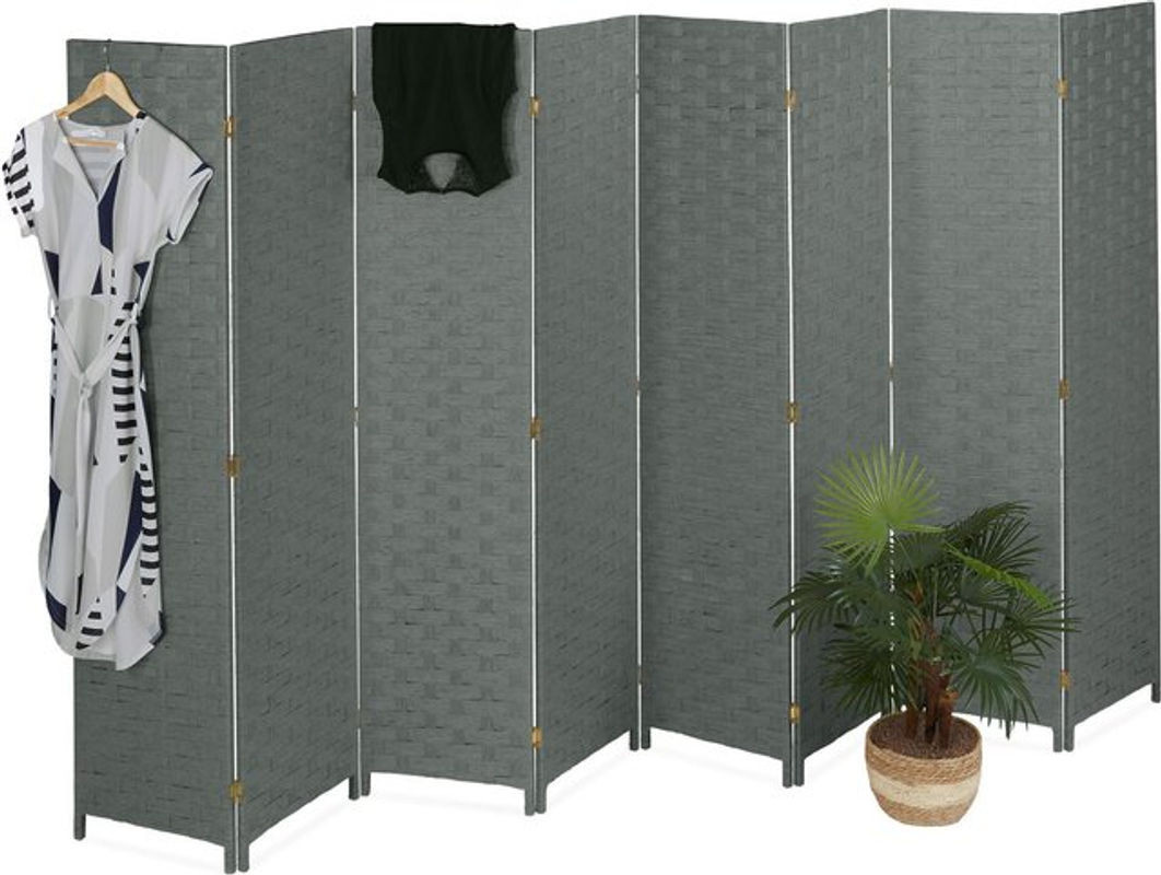 Relaxdays Paravent aus Holz und Papierseil in Grau, 8-teiliger faltbarer Raumtrenner mit geometrischem Design, H: 170 cm, B: 320 cm - Bild 1