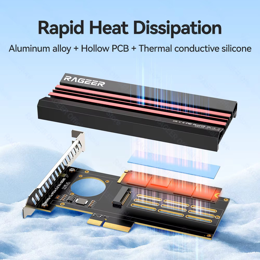 RAGEER PCIe 5.0 x4 zu M.2 NVMe SSD Adapterkarte mit Aluminium-Kühlkörper in Schwarz, kompatibel mit M.2 2280 SSD und PCIe 4.0/3.0 - Bild 4