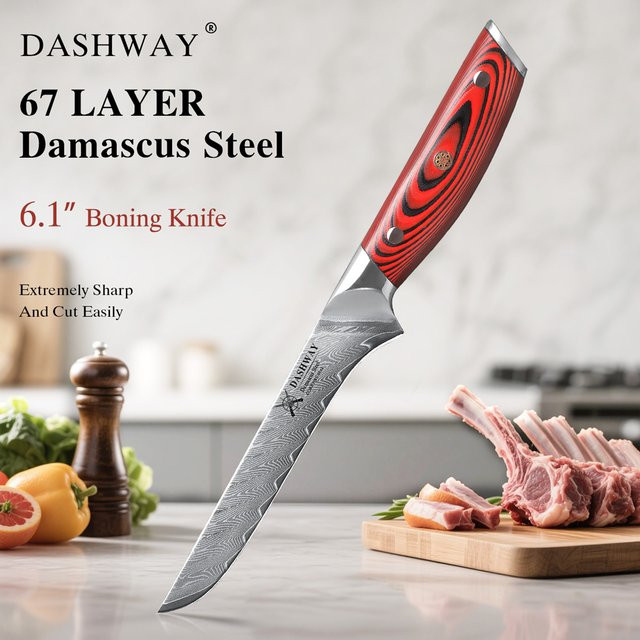 DASHWAY Ausbeinmesser aus Damaszener Stahl mit Holzgriff, professionelles japanisches Filetiermesser für Fisch, 15,5 cm - Bild 1