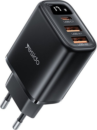 Yesido YC67 Netzladegerät mit Display, 17W, 2.4A, 1 x USB-C und 2 x USB-A, Schwarz