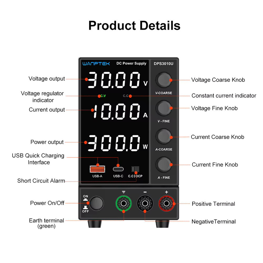 Wanptek Einstellbares Netzteil 30V 10A mit USB-Schnellladung und Display in Schwarz - Bild 4