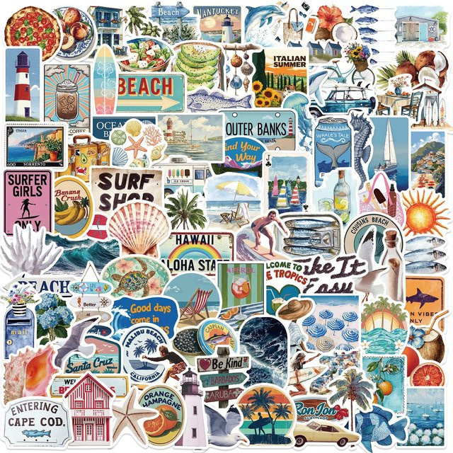 100 Stück Vintage Sommer Aufkleber mit Strand- und Surf-Ästhetik, wasserfeste Graffiti-Sticker in Multicolour für Laptop, Wasserflasche und Gepäck - Bild 1